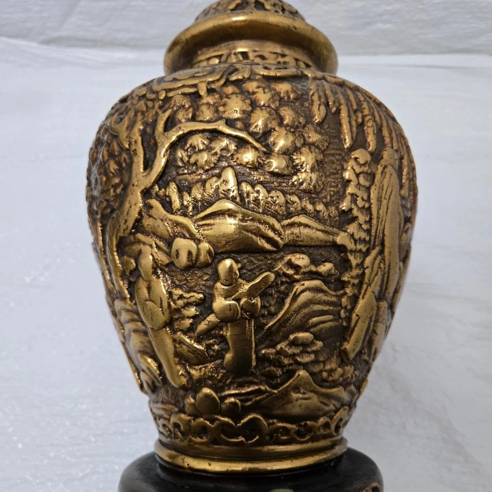 Vintage Chinese Gold Cinnabar Ginger Jar Urn Carved Relief Landscape 11.5in